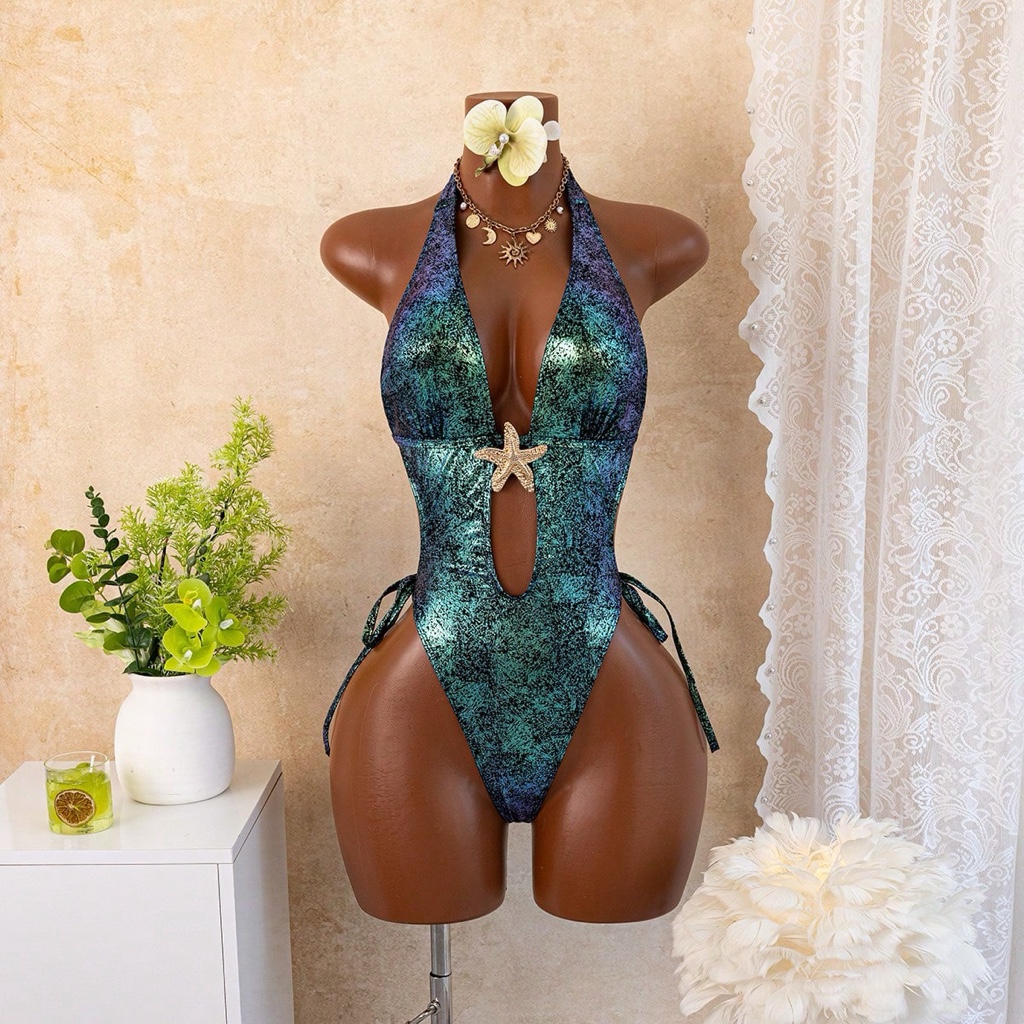 Traje de baño satinado azul y morado