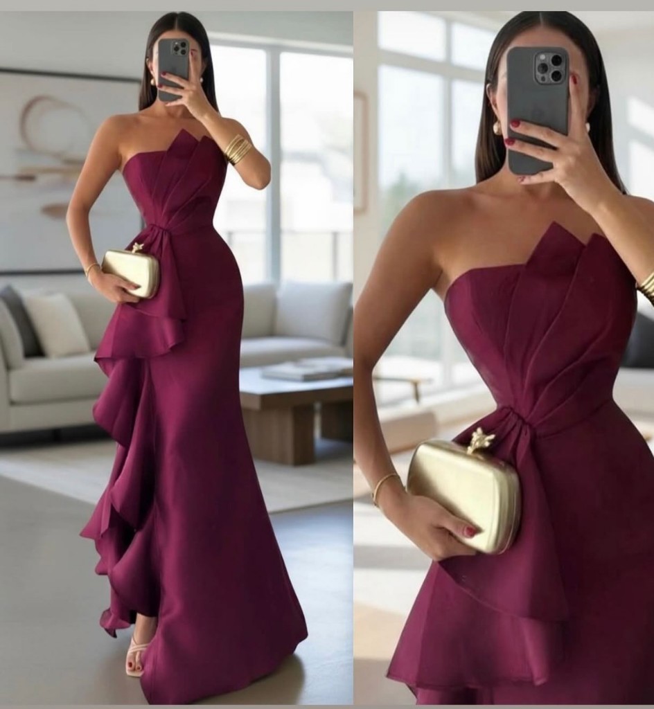Vestido color vino, straple,elegante