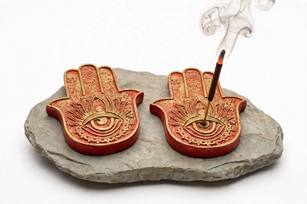Incensário Hamsa vermelho com dourado