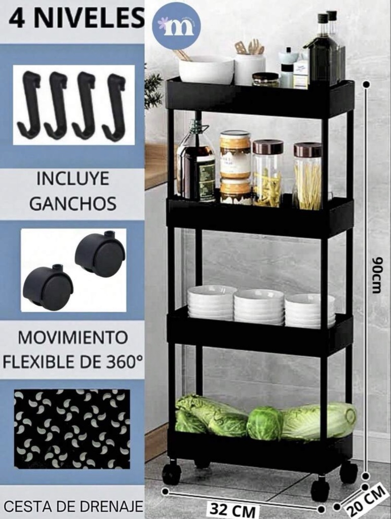 ESTANTE ALMACENAMIENTO 4 NIVELES NEGRO