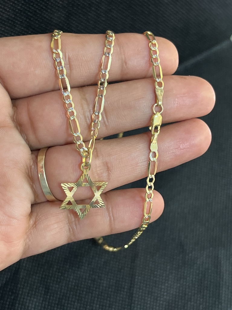 Cadena figaro diamantada con dije estrella oro 10k