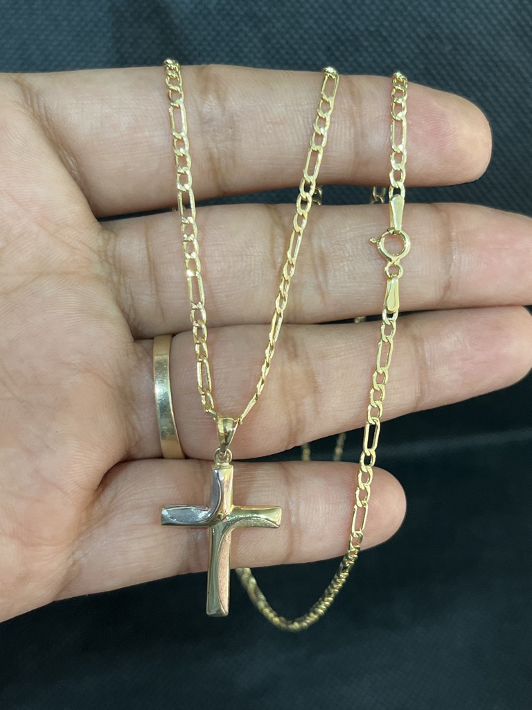 Cadena figaro 60x2 con dije de cruz 3oro 10k