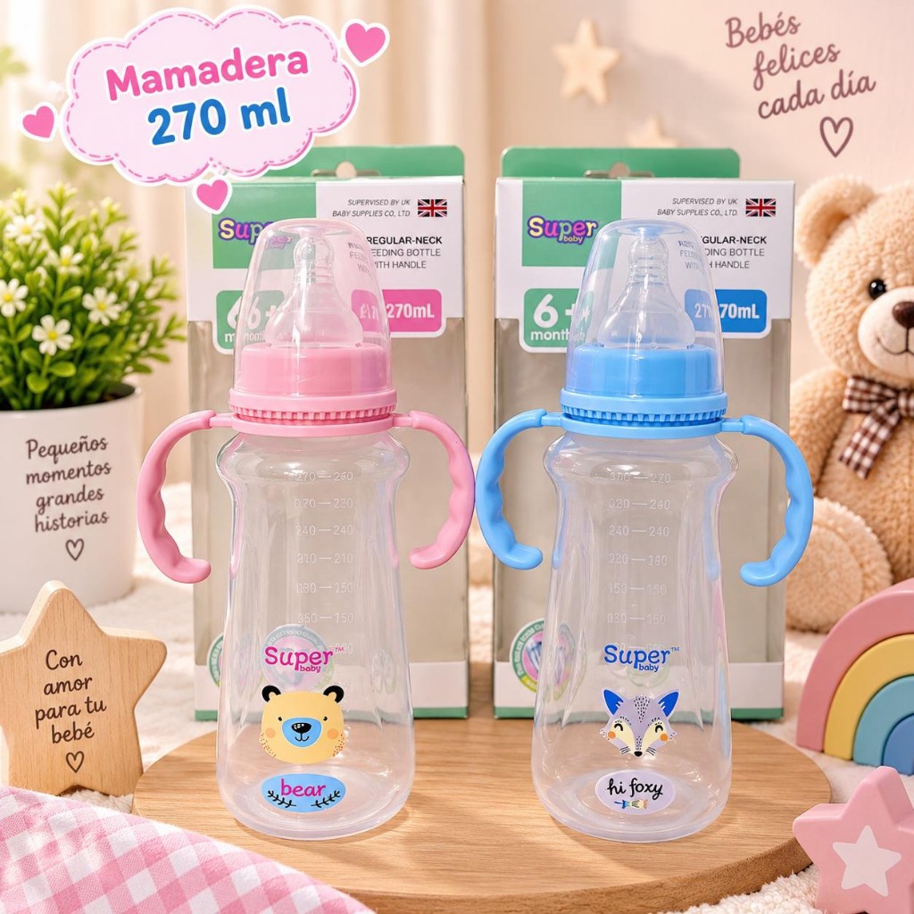 Mamadera de plástico con asa marca súper 270 ML