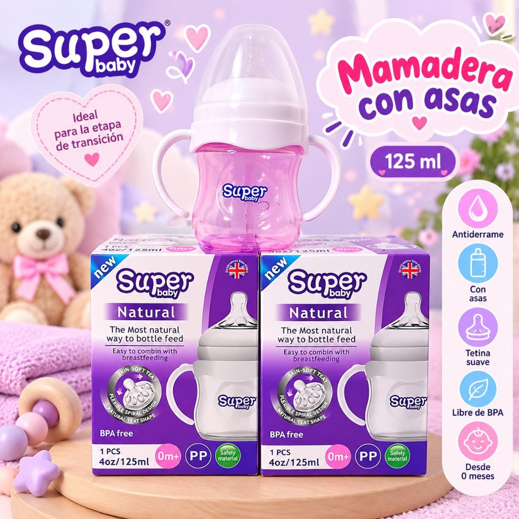 Mamadera con asa de 125 ML plástica marca súper baby