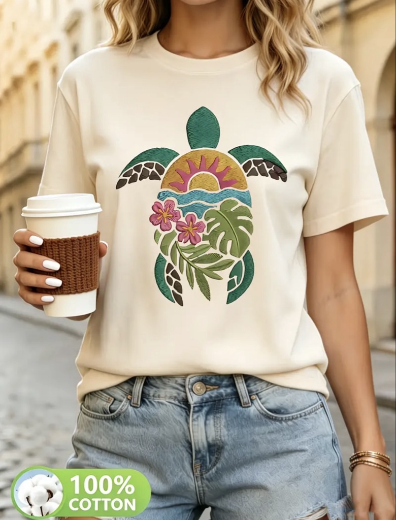 T-shirt crema con diseño de tortuga