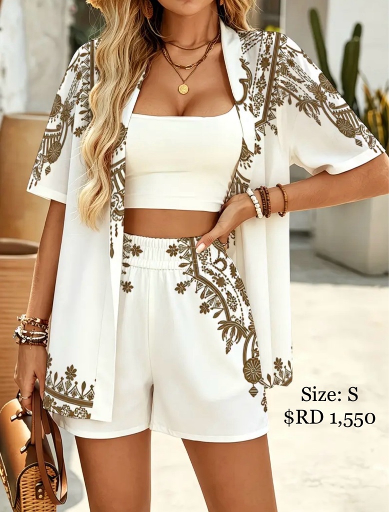 Conjunto blanco con flores marrón