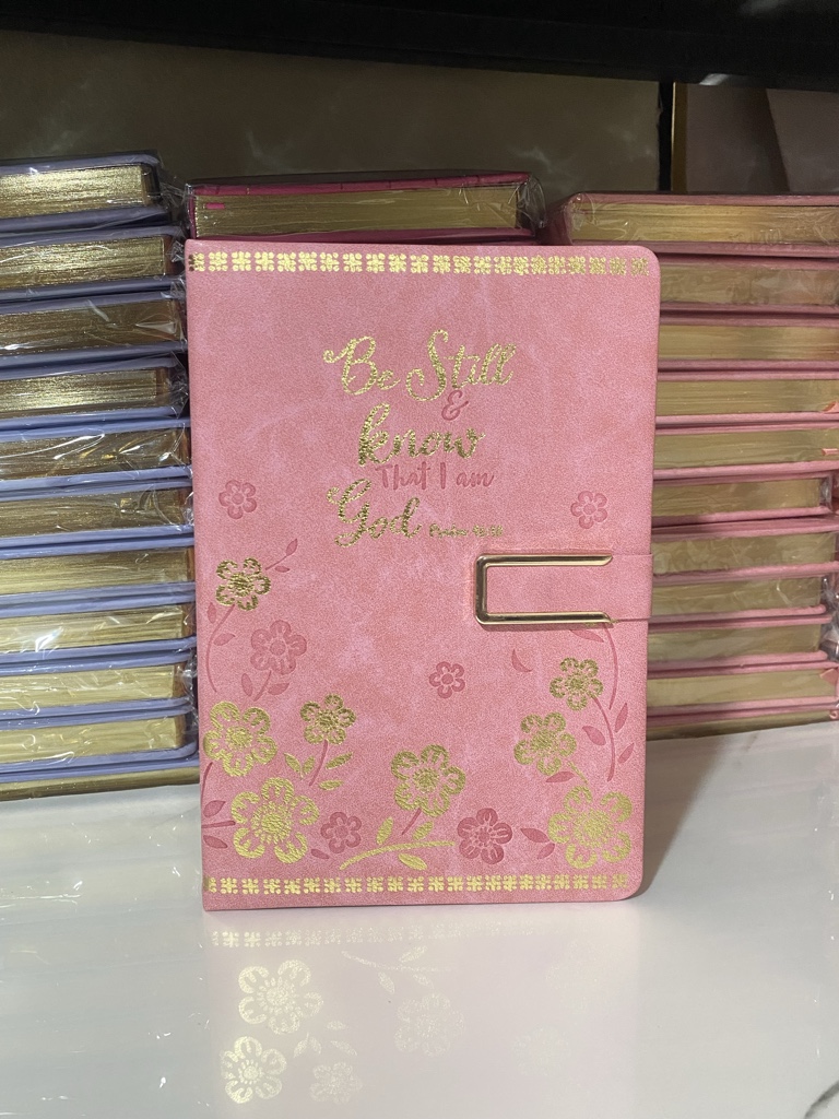 Journal rosado con flores doradas, cierre magnético