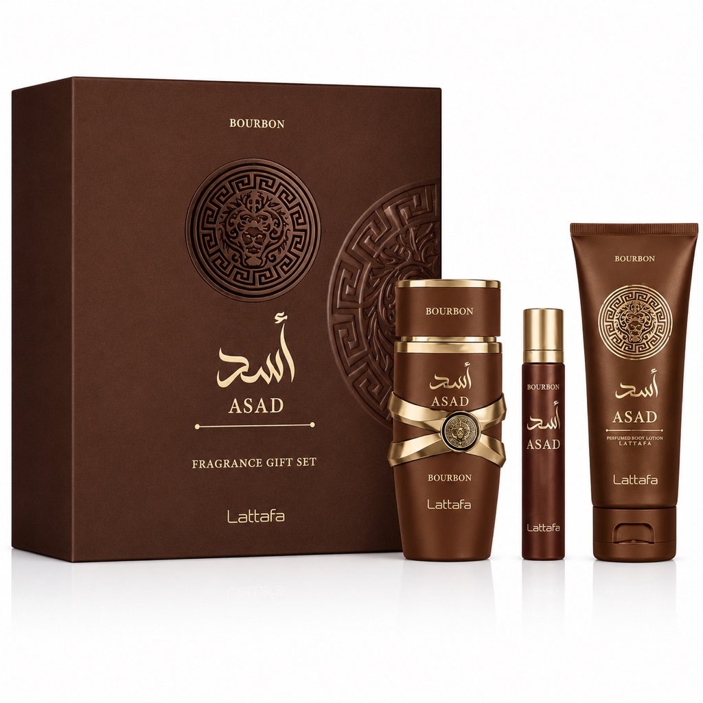 LATTAFA ASAD BOURBON 3 PCS GIFT SET WITH 100ML EDP + 12ML TRAVEL SPRAY + 100ML SHOWER GEL