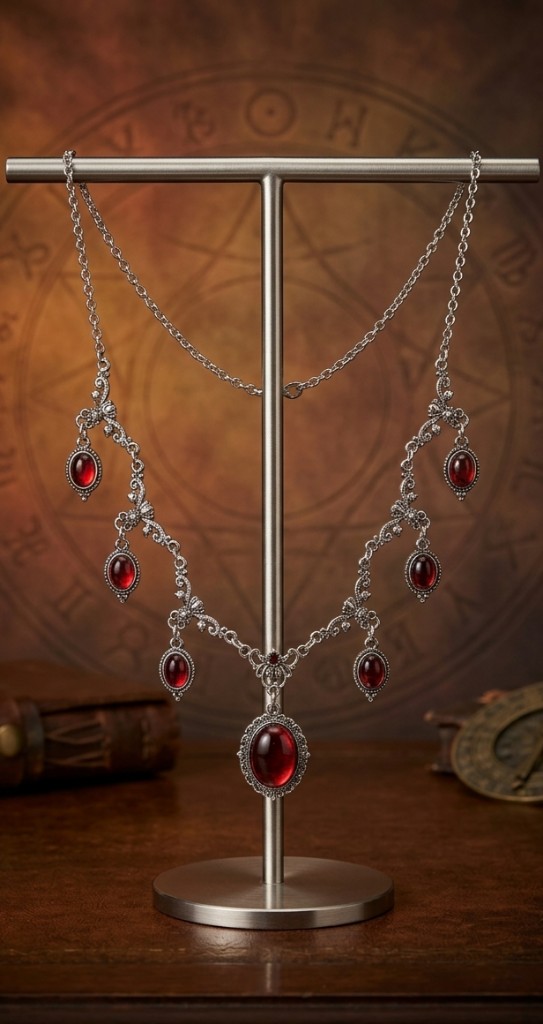 Collar plateado con piedras rojas