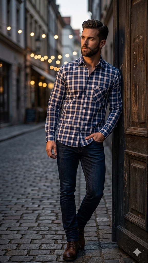 camisa xadrez azul manga longa