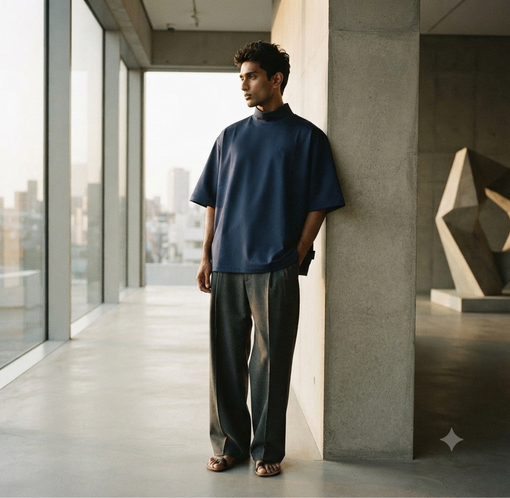 T.shirt azul marinho oversized gola alta
