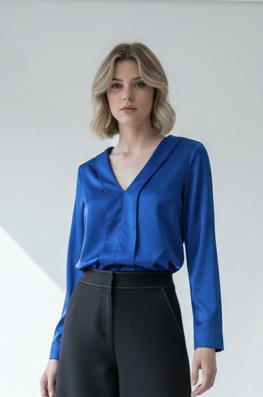 Blusa manga longa azul cetim