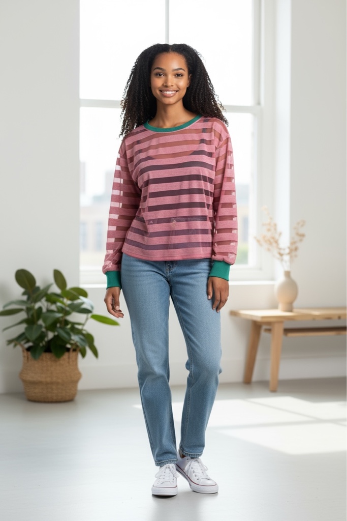 Blusa manga longa listrada rosa