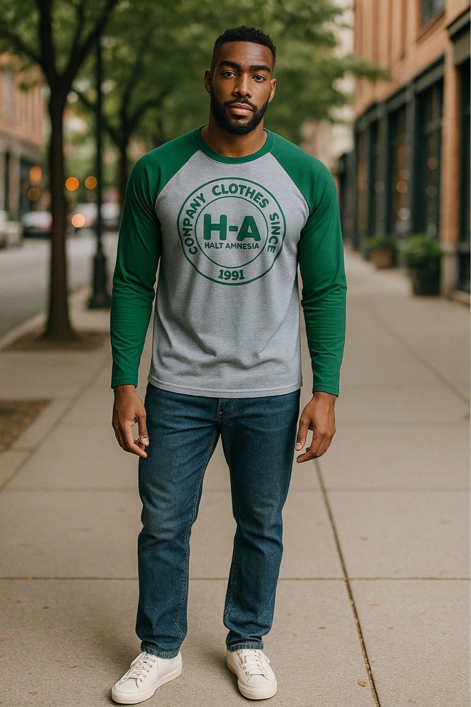 T.shirt manga longa raglan verde e cinza