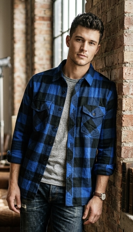 Camisa xadrez azul e preta