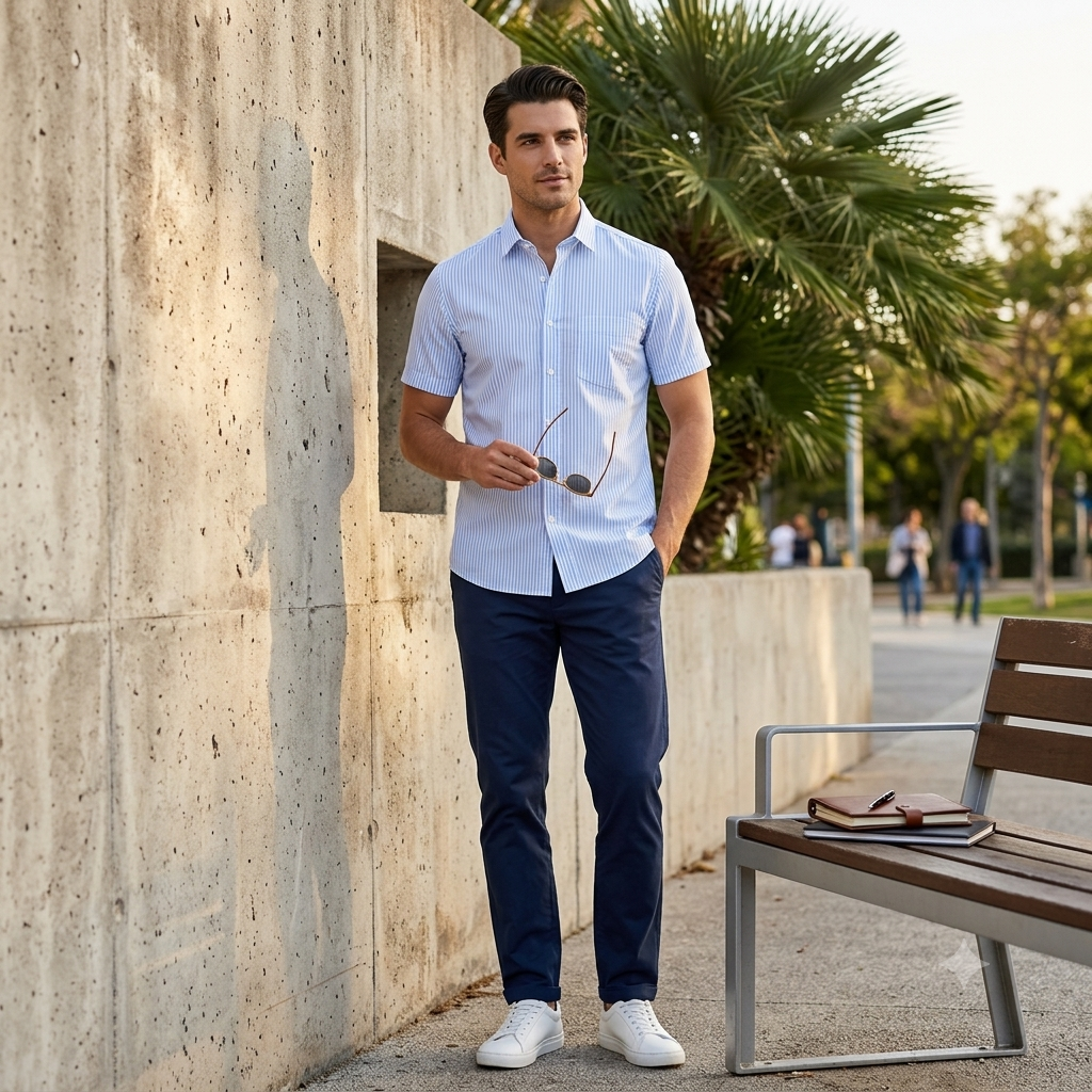 Camisa social manga curta azul claro com branco