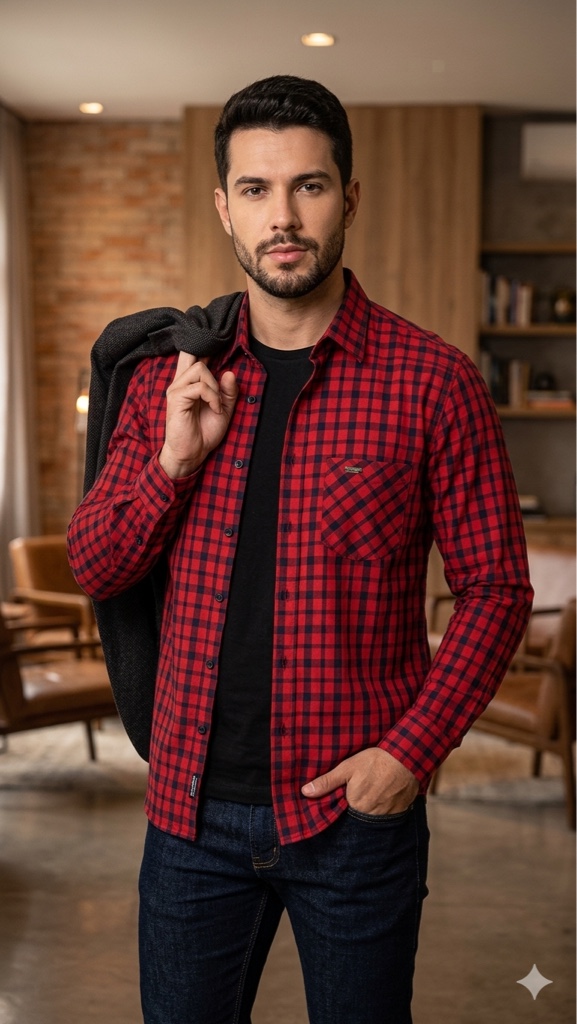camisa social manga longa xadrez vermelha