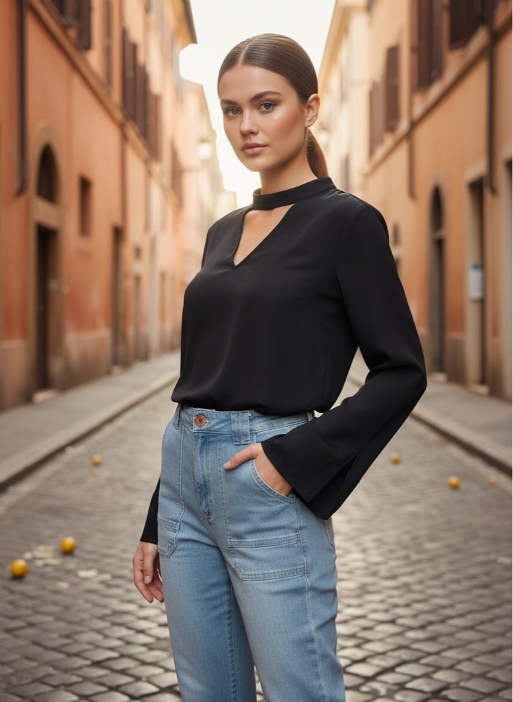 Blusa manga longa de cetim preta
