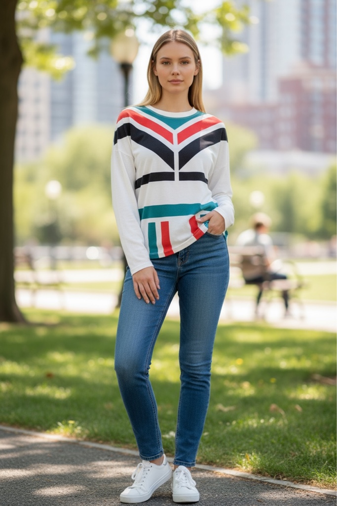 Blusa malha manga longa branca estampada