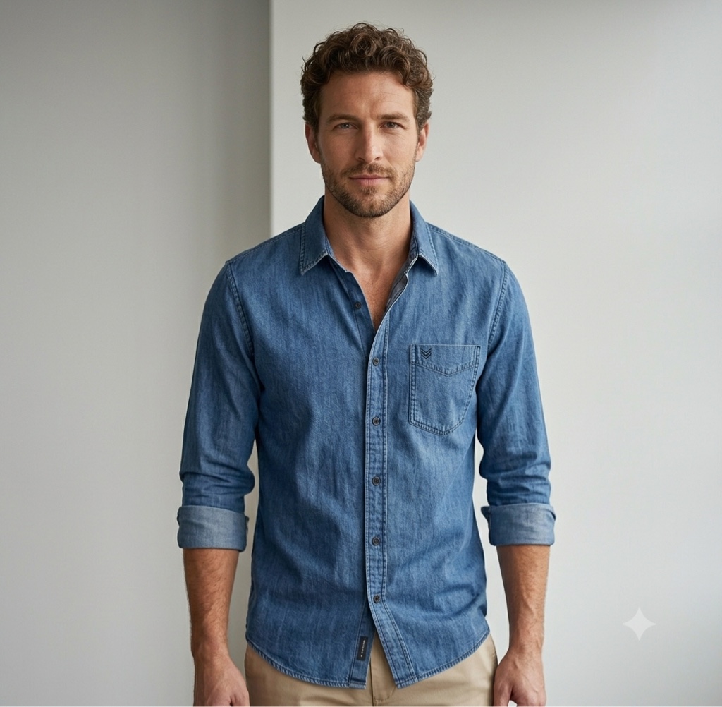Camisa social manga longa azul jeans