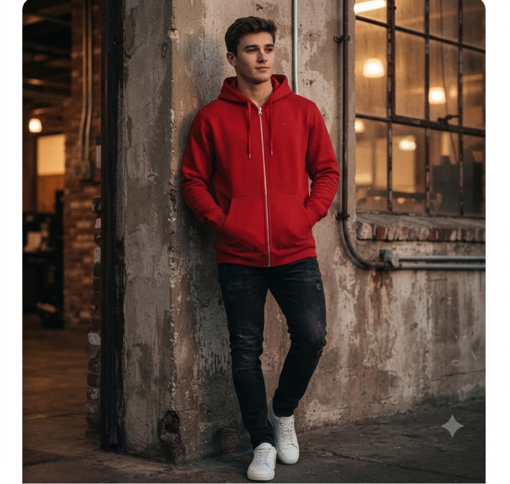 moletom vermelho com zíper capuz e bolso