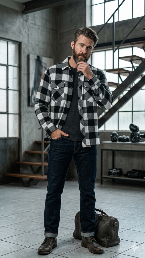 Camisa xadrez flanelada preta e branca