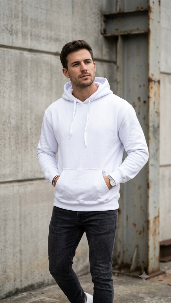 Moletom masculino branco com capuz e bolso