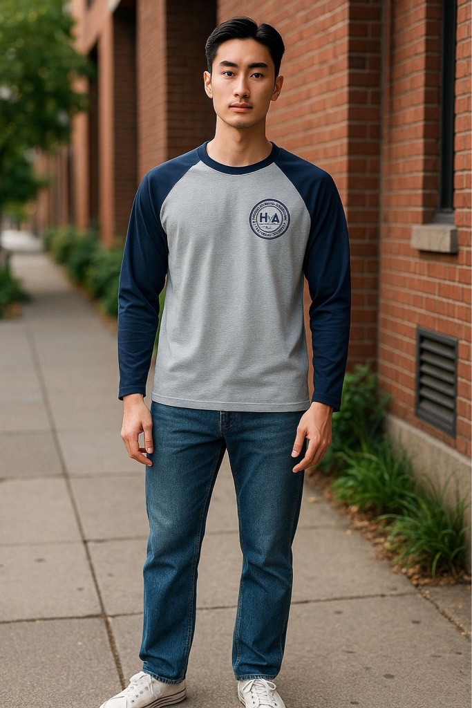 T.shirt manga longa raglan azul e cinza