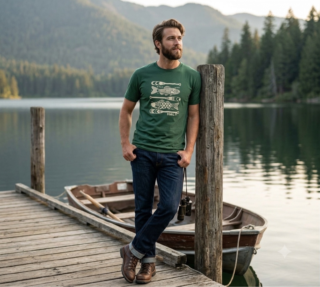 T.shirt verde militar peixes