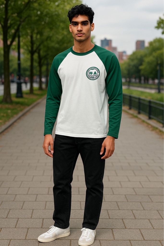 T.shirt manga longa raglan verde e branca
