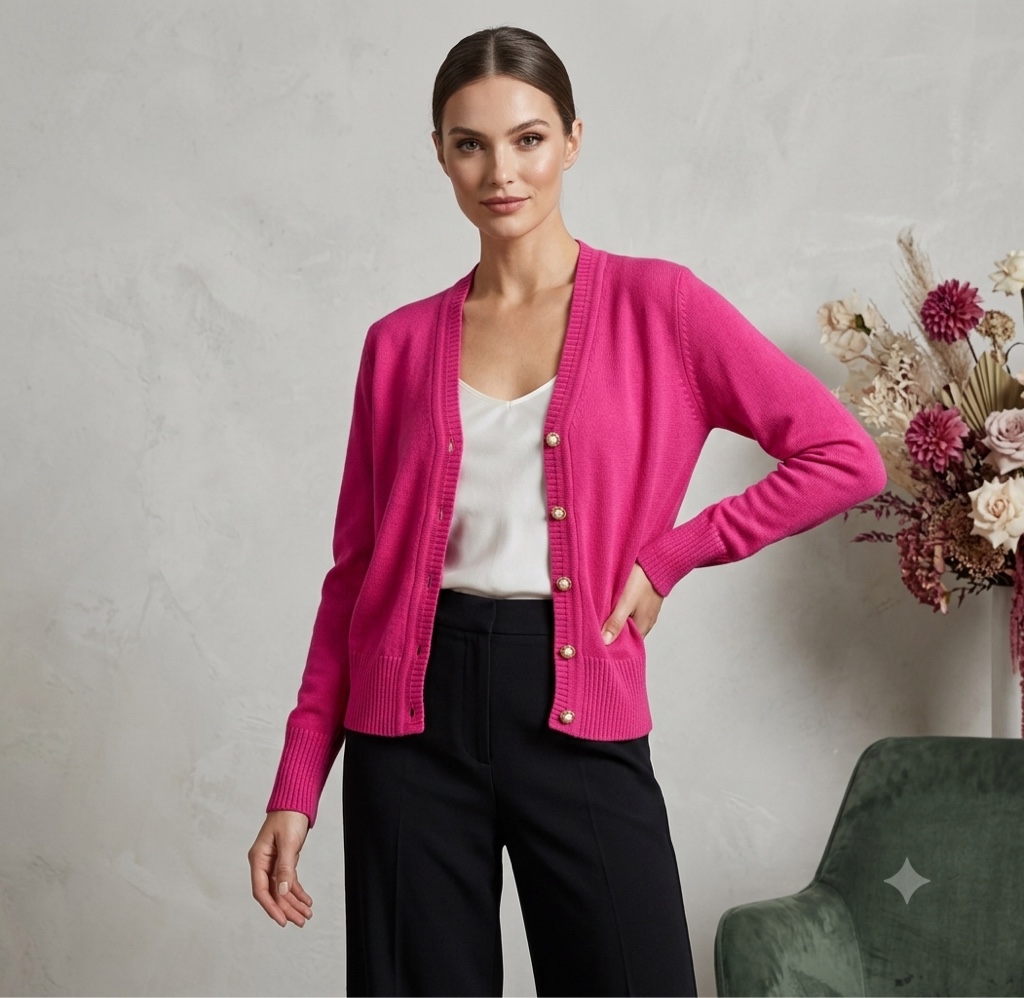 Casaco Tricot rosa choque com botões