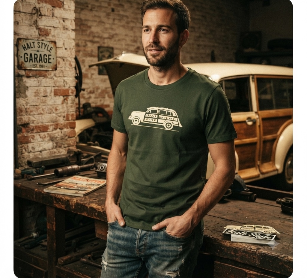 T.shirt verde militar carro