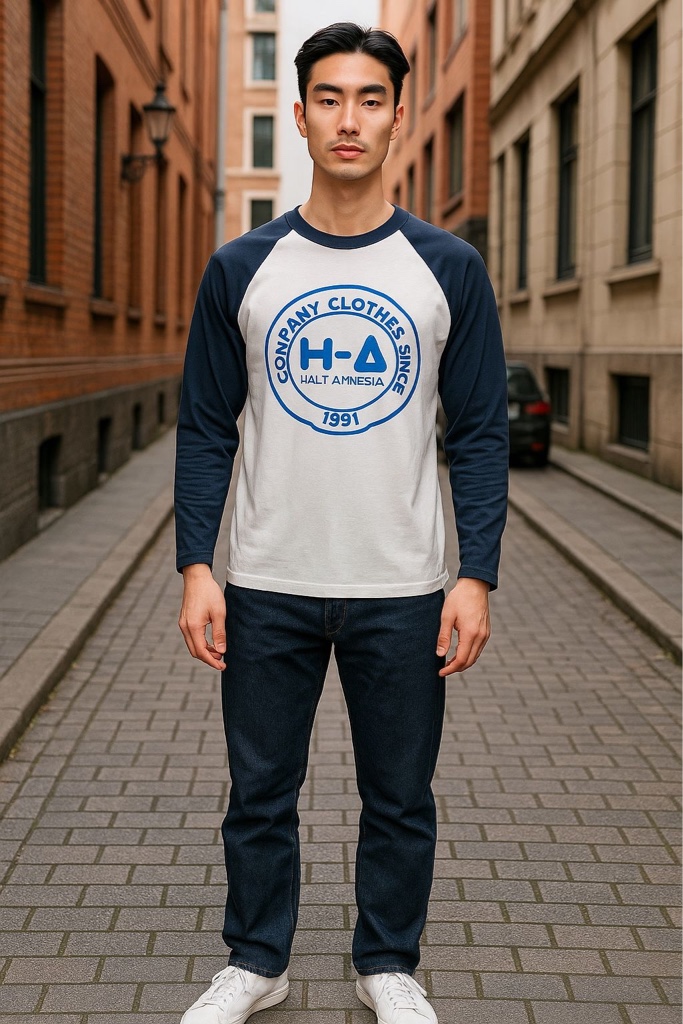 T.shirt manga longa raglan azul e branca