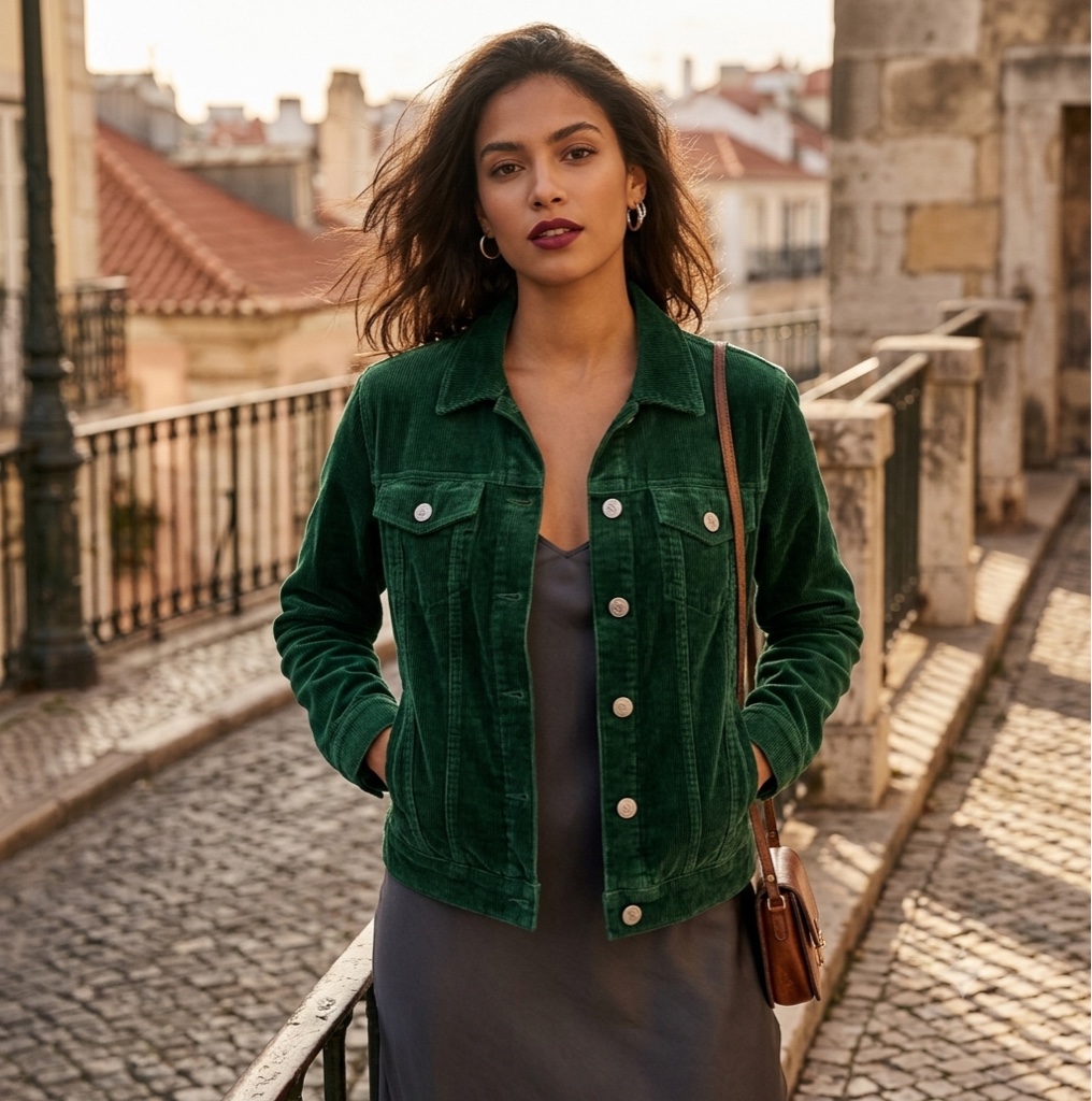 Jaqueta verde veludo cotelê feminina