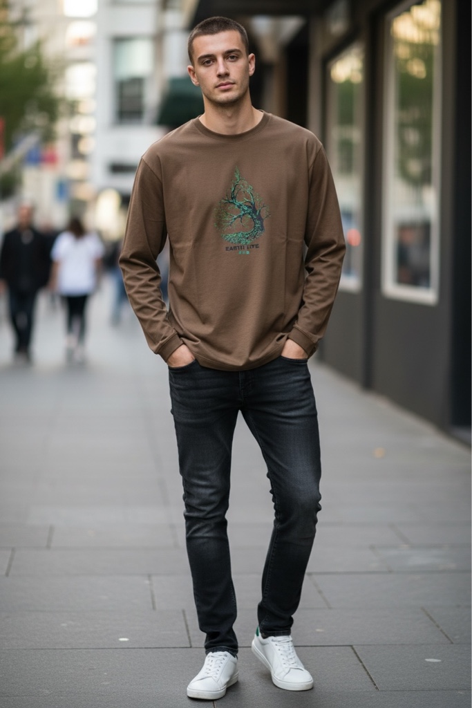 T.shirt manga longa marrom gota