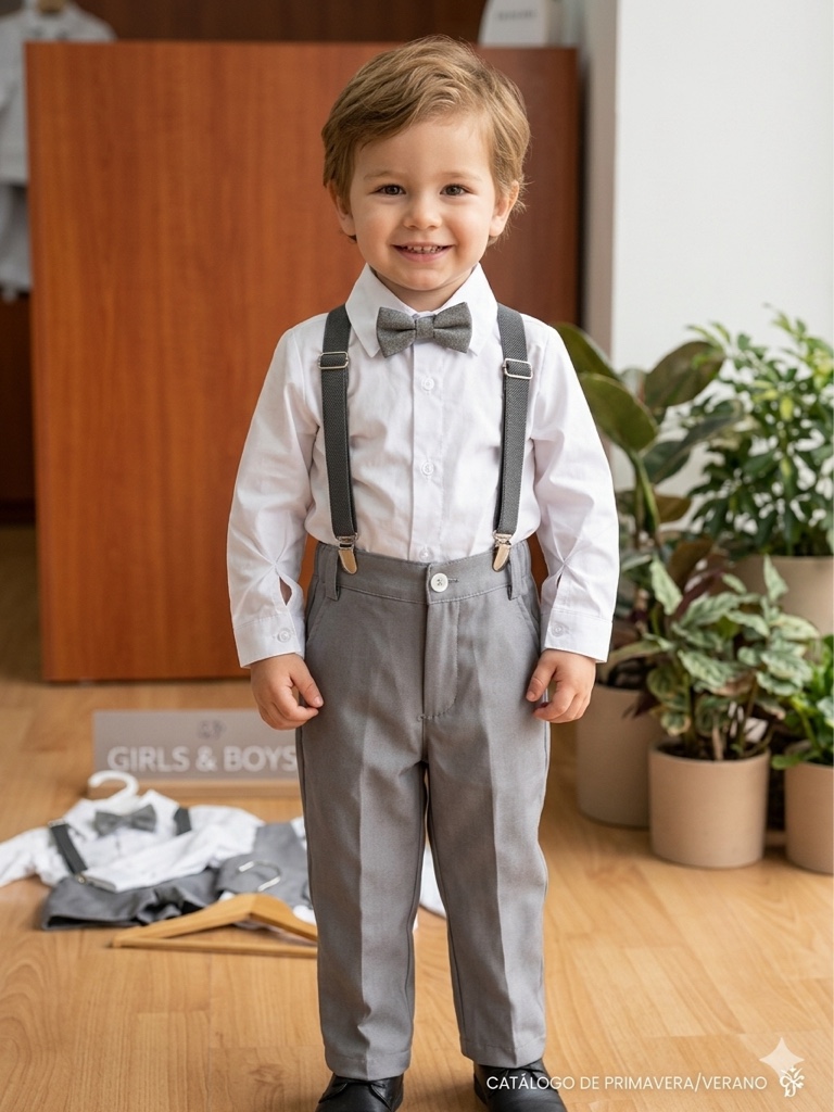 Traje gris con tirantes y moño