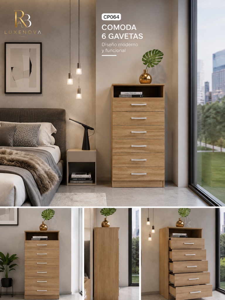 Cómoda Moderna de 6 Gavetas, de madera
