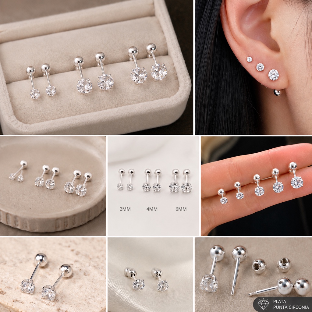 Aretes plata punta circonia par