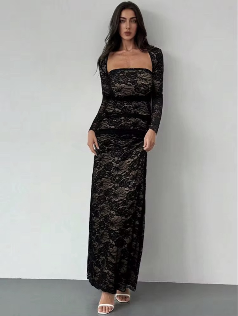 Vestido negro encaje largo