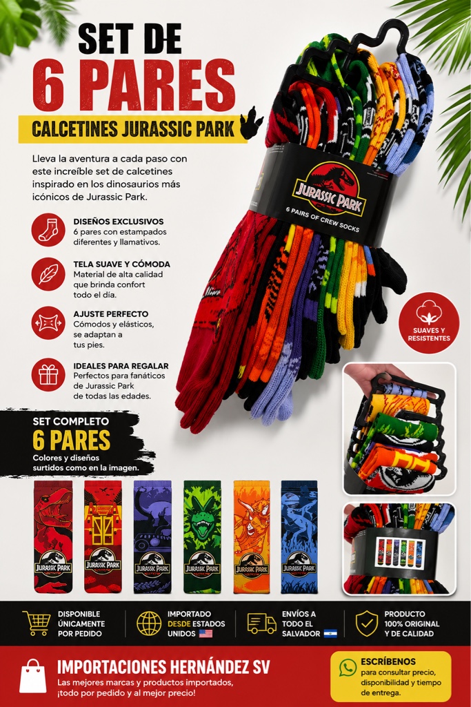 🦖Calcetines Jurassic Park – Set de 6 pares 🌋