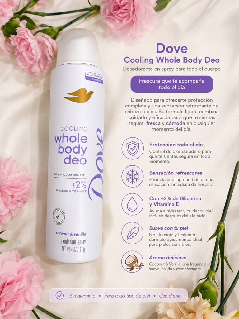 💜 Dove Whole Body Deo Cooling Coconut & Vanilla – 113 g