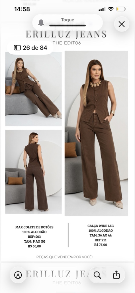 Calça wide leg marrom 100%algodao - Erilluz
