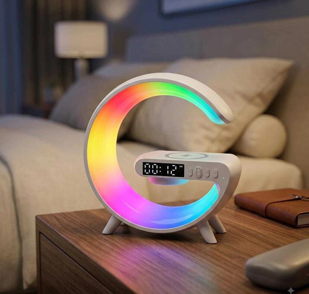 Lámpara Multifuncional Tipo G: Cargador Inalámbrico 10W + Parlante Bluetooth + Despertador y Luz RGB