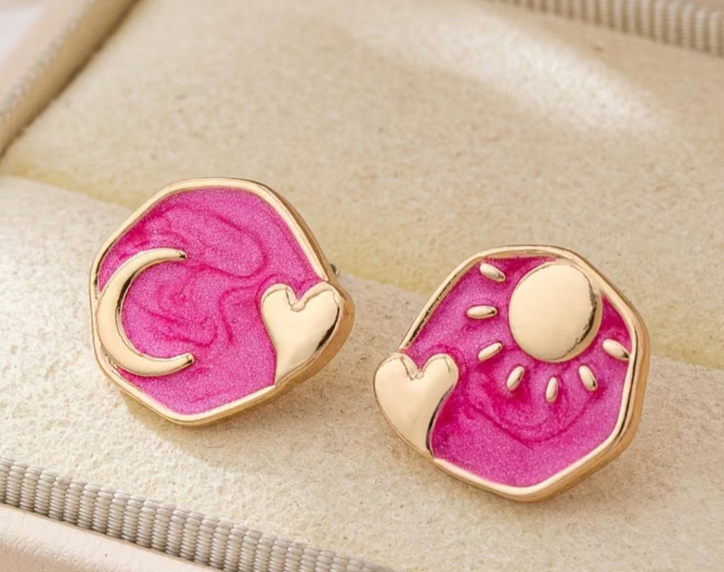 Aros dorados fucsia luna y corazon