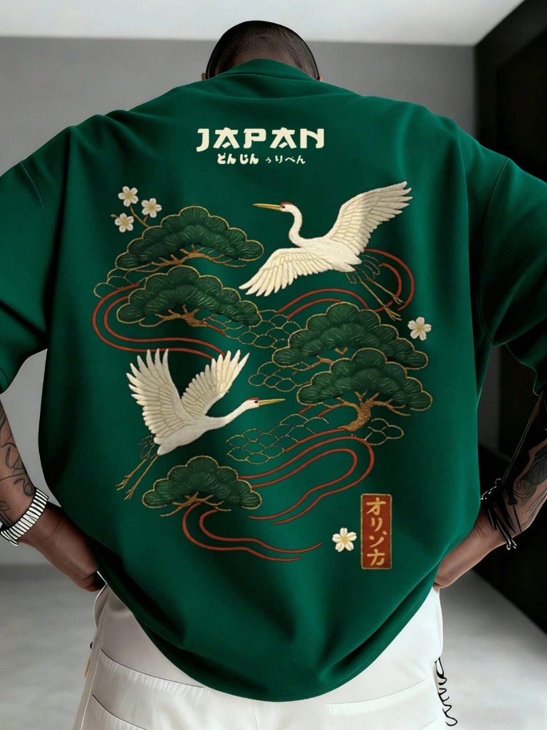 Camiseta de manga corta Zrgoth para hombre, casual, versátil, minimalista, con estampado de grulla japonesa, estilo streetwear