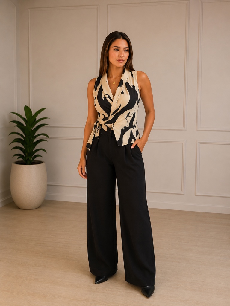 BRUSA CRUZADA ESTAMPADA BEIGE CON NEGRO TALLA M