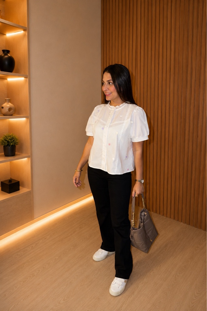 BLUSA CON MANGA ALGODÓN Y ENCAJE BLANCA TALLA M