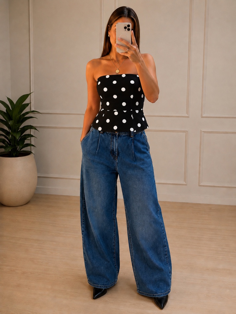 TOP POLKADO NEGRO CON LUNARES BLANCOS TALLA L