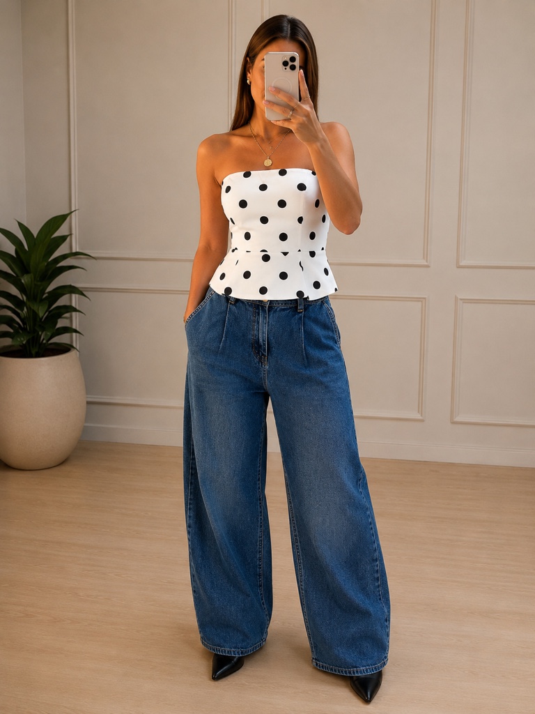TOP POLKADO BLANCO CON LUNARES NEGROSTALLA S