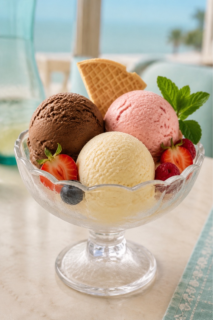 Helado surtido con topping